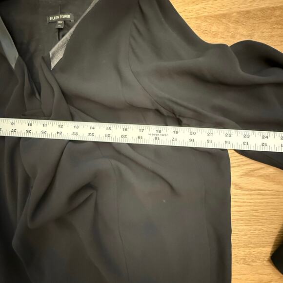 Eileen Fisher 100% Silk Crepe Leather Trim Jacket Black Button Sleeve Women’s XL - Picture 7 of 14
